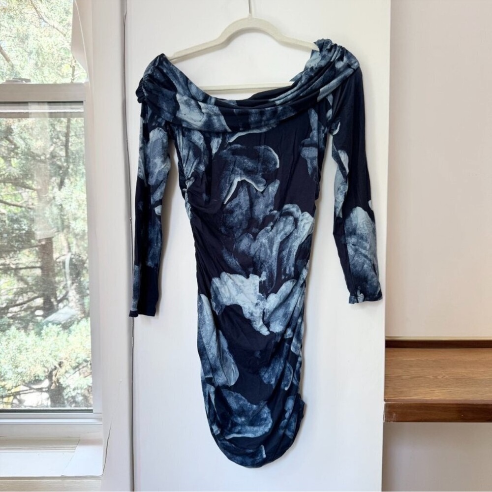 NWT Reformation Brooks Knit Dress Mini Long Sleeve Off The Shoulder Blue XS - Picture 4 of 12